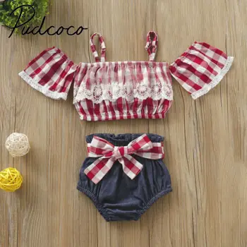 

Neugeborene Baby Mädchen Spitze Plaid Tops Bowknot Denim Shorts Outfits Kleidung