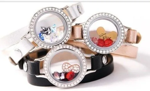 

Vinnie Design Jewelry Stainless Steel Crystal Locket Bracelet Fashion Leather Wrap Bracelets with 25mm Floating Locket 5pcs/lot