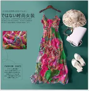 Высококачественное роскошное платье из натурального шелка Женское длинное богемное пляжное платье с цветочным принтом шелковое женское платье - Цвет: Зеленый