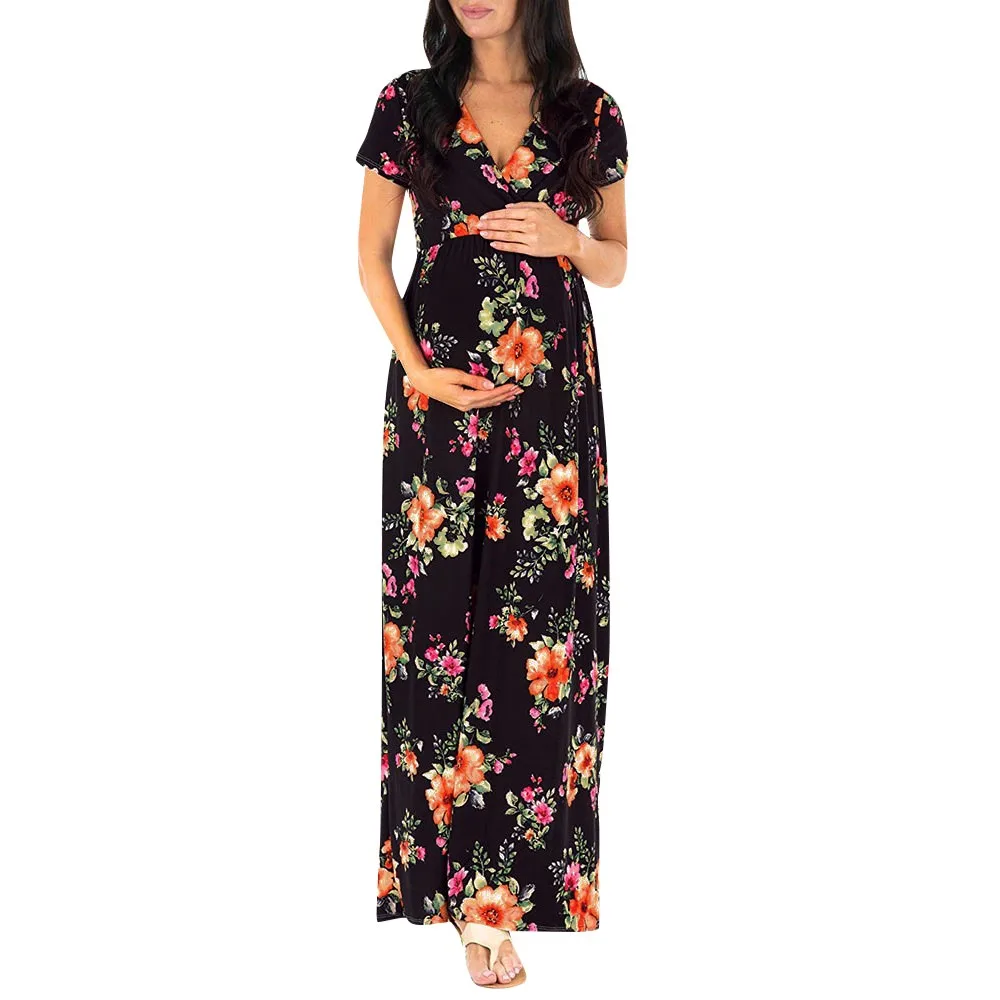 Новые летние модные беременных женщин беременность и кормление платье с цветочным принтом длинное платье для беременных Z4 - Цвет: Черный