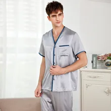 Благородный Серебряный натуральный шелк мужские пижамы наборы лето с короткими рукавами соблазнительный модный мужской пижамы плюс размер XXXL пижамы hombre