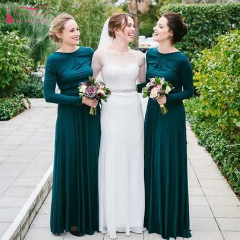 Зеленое платье подружки невесты с длинным рукавом с круглым вырезом скромное свадебное платье для гостинной вечерние платье на заказ