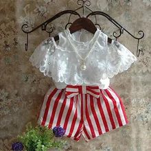 Girls Clothes Summer Kids Set White Lace Off Shoulder Short Sleeve Princess Top Red Striped Shorts Set Girls Short Sets 2-8Y girls off shoulder flounce sleeve striped top
