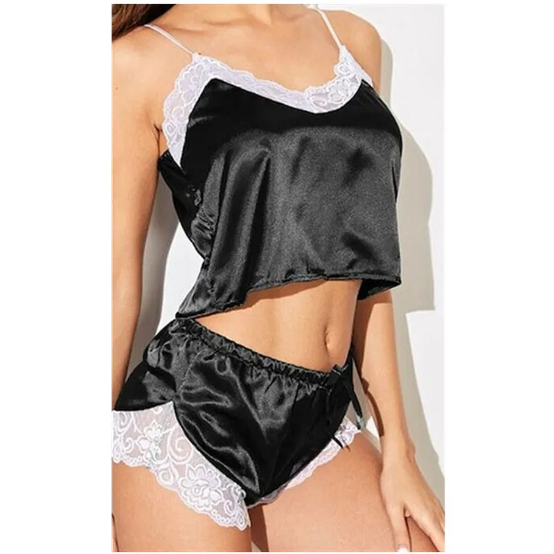Women Lace Satin Silk Lingerie Tops Shorts 2PCS Set Ladies' New Causal Fashion Sleepwear Sleeveless Strappy Nightwear Hot Sale | Женская
