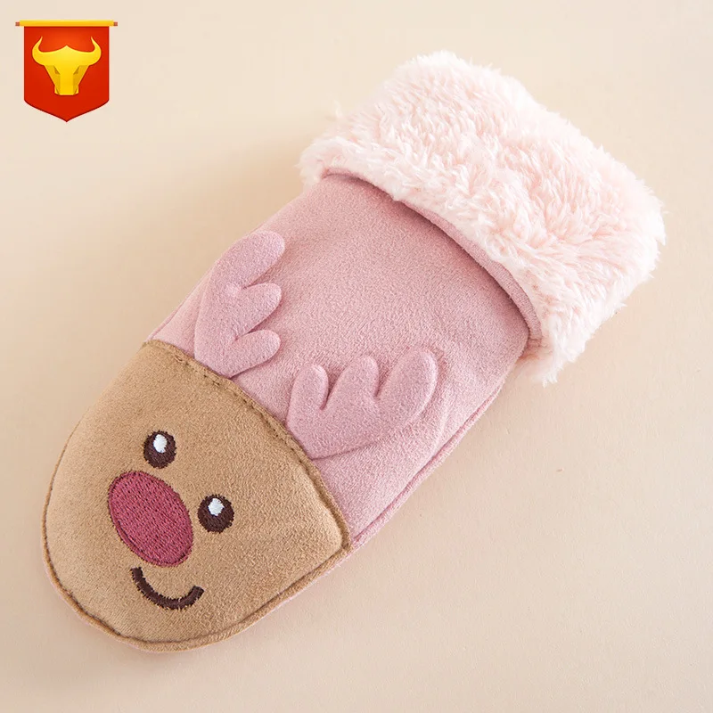 Детские перчатки зимние замшевые перчатки для маленьких мальчиков и девочек милые вязаные теплые детские перчатки с рисунком рождественского оленя для детей от 7 до 14 лет - Цвет: Розовый