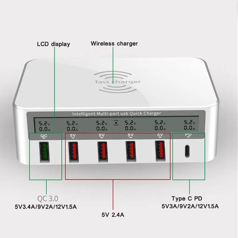  Universal 100W 5x USB QC 30 y Tipo C PD adaptador de cargador rápido Qi estación de carga inalámbri