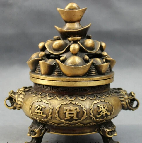 

0 Chinese Bronze Buddhism FengShui Dragon Statue YuanBao Incense Burner Censer