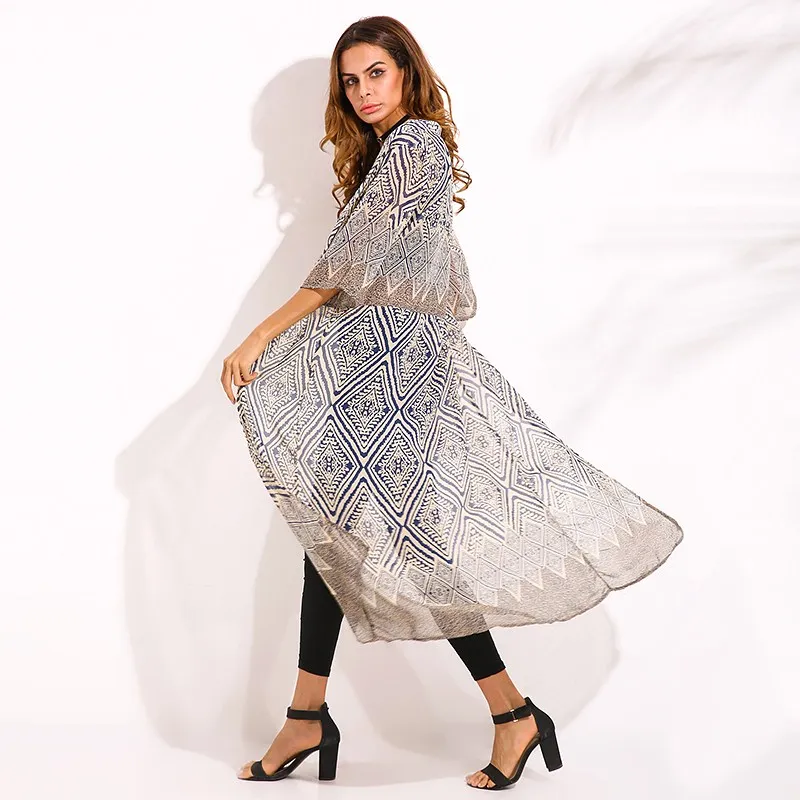 

Women Kimono Cardigan ZANZEA 2019 Half Sleeve Open Front Chiffon Blusas Top Diamond Print Summer Female Beach Party Brief Blouse