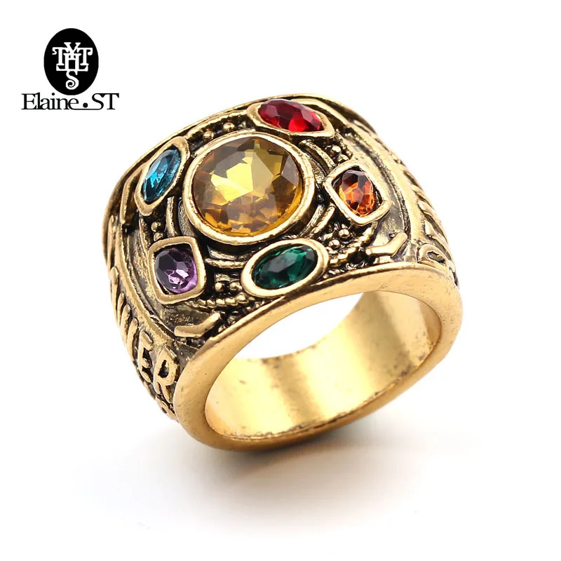 

Wholesale 10PCS/LOT Avengers Rings Infinity War Thanos CZ Stones Ring Power Mind Soul Reality Space Time Letter Ring for Men