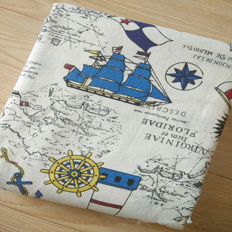 

50x150cm Cotton Linen Fabric DIY Home Deco Cushion Table Cover Bag Printed Sailing Ship Light House Anchor Rudder