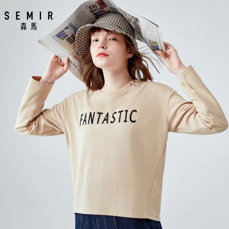 

SEMIR Long sleeve T-shirt women 2019 autumn new chic early autumn tshirt cotton loose lazy irregular body tide