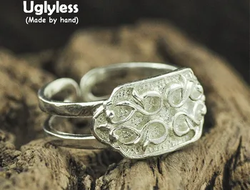 

Uglyless Real 990 Silver Ethnic Finger Rings for Women Handmade Carved Totem Patterns Open Ring Hollow Fine Jewelry Retro Bijoux