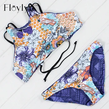 

Floylyn New Arrivals Sexy Bandage Swimsuit Print Bathing Suit High Neck Bikini Monokini Summer Sexy Brazilian Cropped Biquini