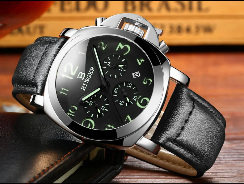 Натуральная Швейцария бренд BINGER для мужчин кожаный ремешок светящийся Водонепроницаемый Спортивный Календарь военные часы большой циферблат хронограф