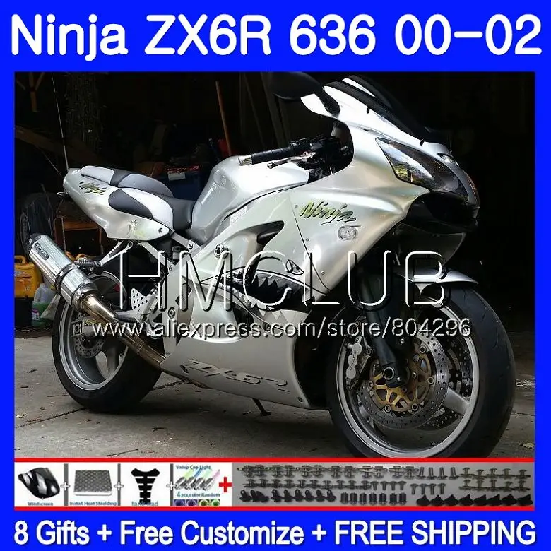 

Bodys For KAWASAKI NINJA ZX 600 CC 6 R ZX636 ZX6R 00 01 02 19HM.0 ZX 636 ZX-6R ZX-636 ZX 6R 2000 2001 2002 Fairing Shark silvery