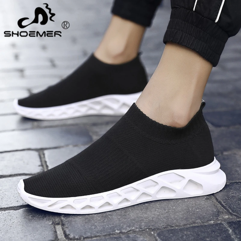 

SHOEMER New Men Socks Sneakers Black White Man Fashion Casual Shoes Breathable Mesh Comfortable Light Slip-on Flat Shoes Loafers