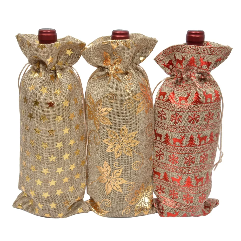 15x36cm Christmas Jute Bag Gift Wine Bottle Bags Burlap Linen