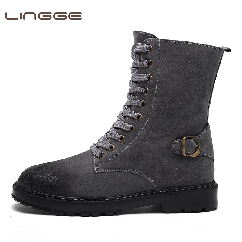

LINGGE Men Boots 2018 New Fashion Canvas Leather shoes Men Casual oxfords Winter Sneakers shoes outdoor velvet Dropshipping
