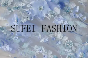 

1yard 3D light blue lace fabric with 3D flowers, heavy embroidered lace fabric with 3D flowers, rhinestone bead lace fabric