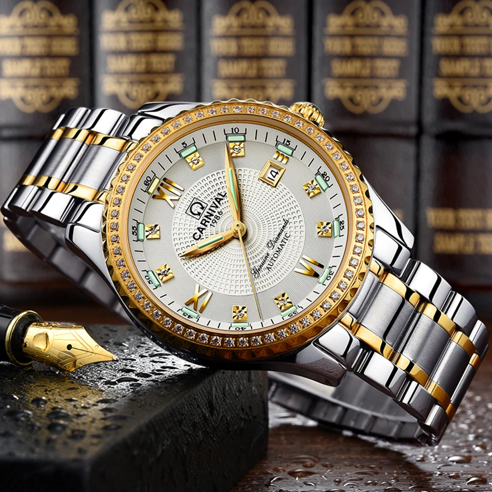 

Luxury Carnival Tritium Luminescence Golden Mechanical Watch Men Diamond Sapphire Japan Miyota 25 Jewels Green light