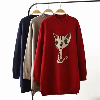 

Plus size dark red & dark blue & Khaki cat winter women pullovers 2018 Turtleneck Knitted ladies oversize sweater wool female