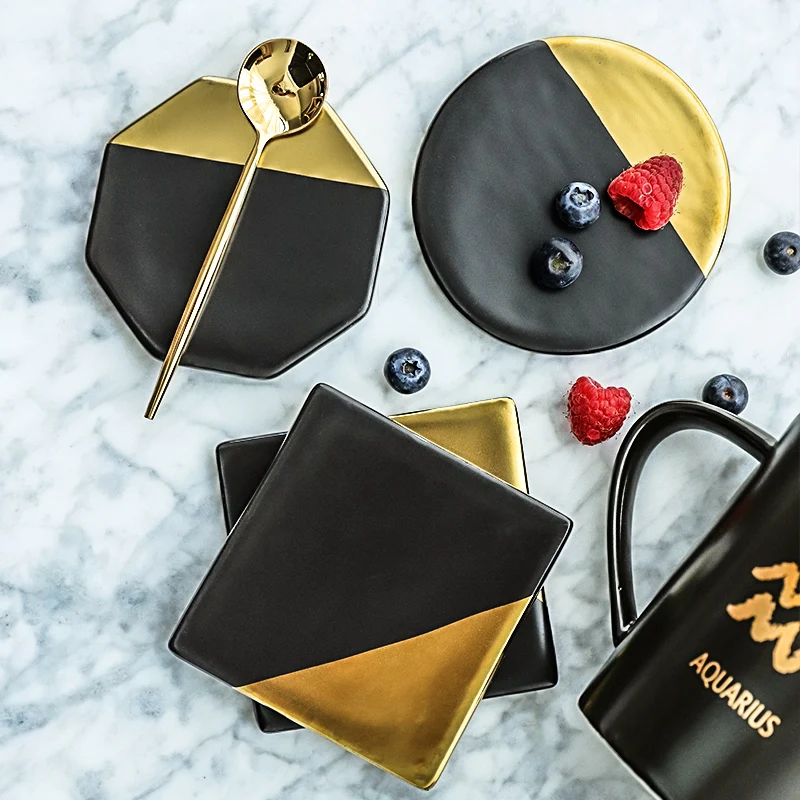 

Black Gold Plated Marble Ceramic Coaster Placemat Heat-insulated Non-slip Coffee Tea Milk Cup Mats Desktop Decorations 1pcs