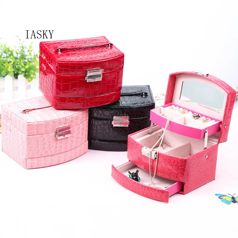 

Three Layers Crocodile Grain Leather Jewelry Box For Women Jewel Carrying Box Ladies Bracelet Rings Organizer Box Wedding Gift