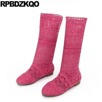 

9 Cutout Plus Size Boots Summer Big Round Toe Sandals Mid Calf Pink Candy Cut Out Women Flat Slip On Shoes Kawaii Knit Purple