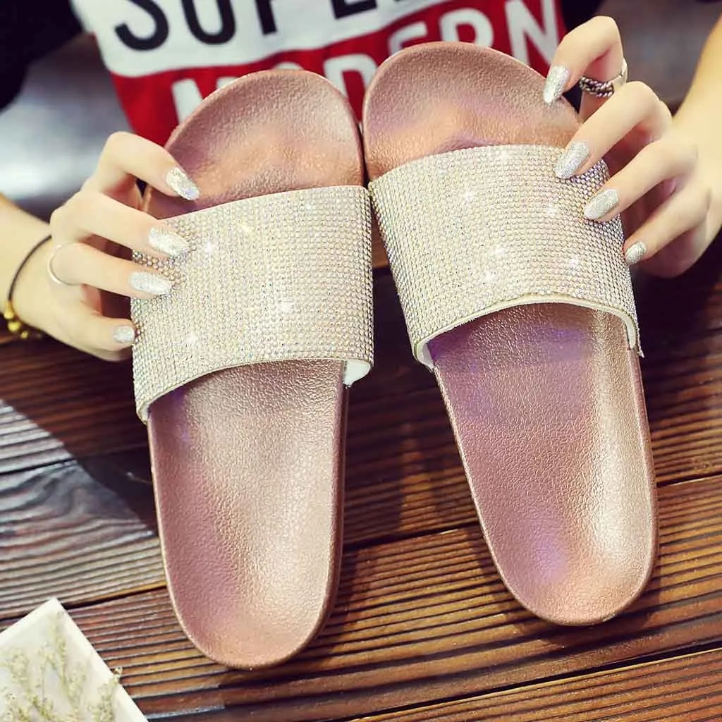 NEW Women Ladies Young Girls Flat Diamanté Sparkly Sliders Bow Slipper Shoes