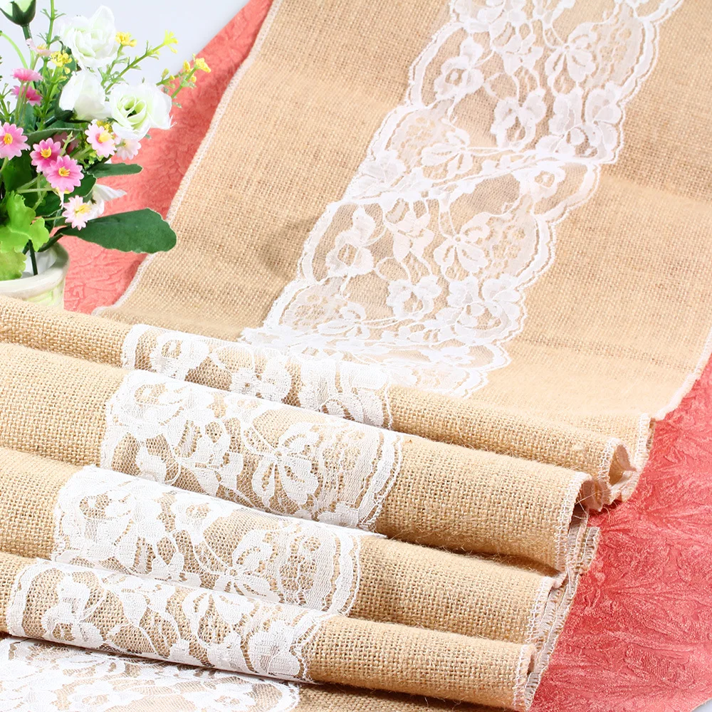 30*275cm Luxury Burlap and Lace Table Runner Wedding Embroidered