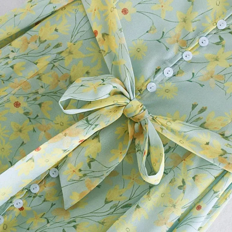 vintage women elegant green dress summer fashion ladies bohemian front button belt dresses party girls floral dress chic