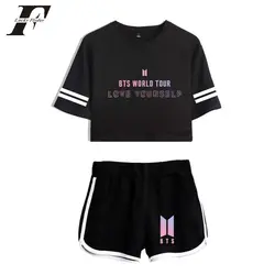 LUCKYFRIDAYF 2018 летний хлопковый комплект из двух предметов Для женщин БЦ WORLD TOUR укороченный футболка и шорты брюки BTS любить себя футболка