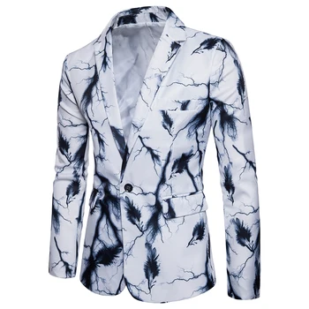 

New men's tops fashion suit single row of a button lightning and Feather printing Behind the middle fork leisure suits S-XXXL
