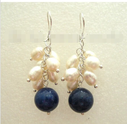 

hot sell new - Free shipping GENUINE white drip NATURAL freshwater pearls&12mm blue lapis lazuli earrings b07 new