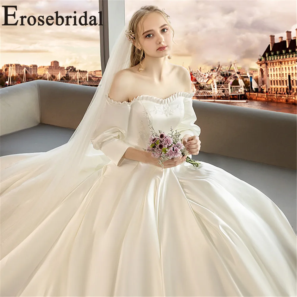 Erosebridal Новое поступление винтажное свадебное платье длинное 2019 вырез лодочкой воротник свадебное платье атласное женское платье невесты