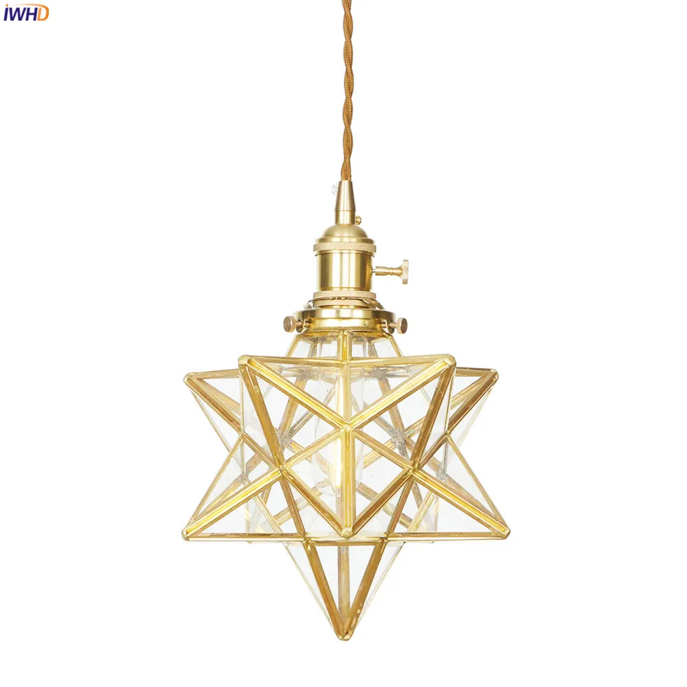 IWHD American Country LED Pendant Lamp Dinning Living Room Light Nordic Style Star Copper Glass Pendant Lights Fixtures Hanglamp