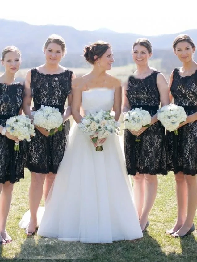 Scoop Keyhole Back Knee Length Lace Black font b Bridesmaid b font font b Dresses b