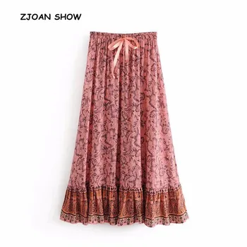 

Bohemian Location Floral Print Drawstring bow Waist Swing Skirt Ethnic 2018 Women Pink color Maxi Long Skirts