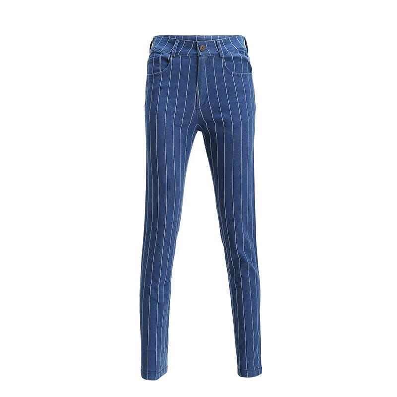 Винтажные полосатые женские джинсы на молнии, обтягивающие джинсы для женщин, лоскутные джинсы с высокой талией, Узкие синие джинсы-карандаш, Feminino - Цвет: A