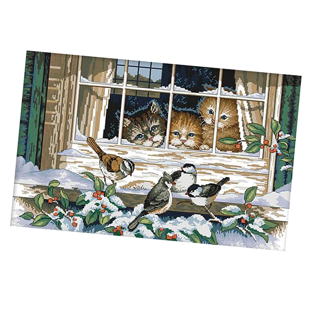  Cats Birds Stamped Cross Stitch Kits for Kids Pre-Printed Pattern Embroidery 14CT Counted Needlework Home Decoration	