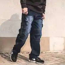 Японский стиль, мужские прямые джинсовые брюки карго, мото-байкерские джинсы, Мужские Мешковатые Свободные синие джинсы с боковыми карманами, большие размеры 40, 42, 44, 46