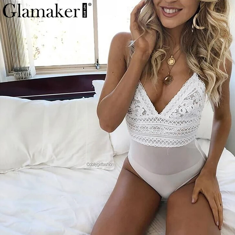 Glamaker Sexy lace transparent mesh bodysuit Women jumpsuit white bodycon black backless bodysuit Female summer bodysuit ladies