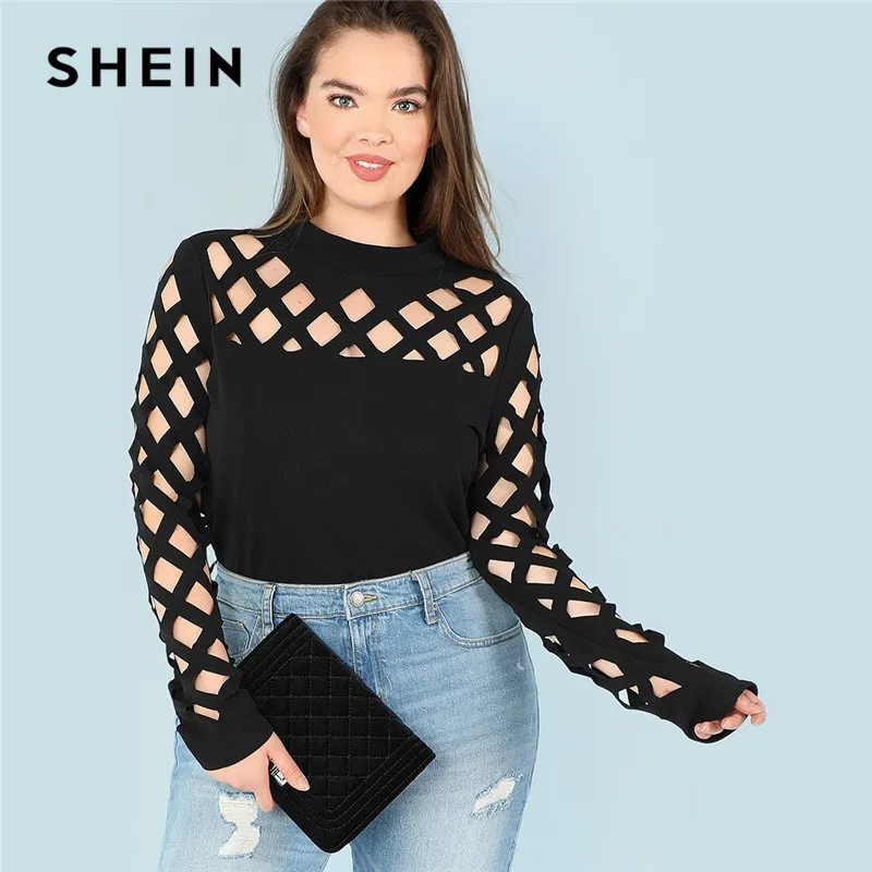 SHEIN Топ Размера Плюс С Вырезом Под Горло Женский Весенний Черный Элегантный Топ С Длинными Рукавами И Стоячим Воротником