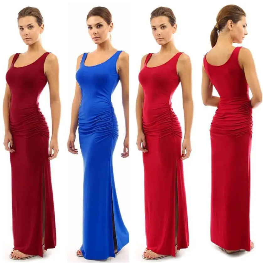 

High Stretch Tank Robe Summer 2019 Elegant Women Sexy Dress O-neck Sleeveless Maxi Dress Hem Split Red Blue Long Dress Vestidos