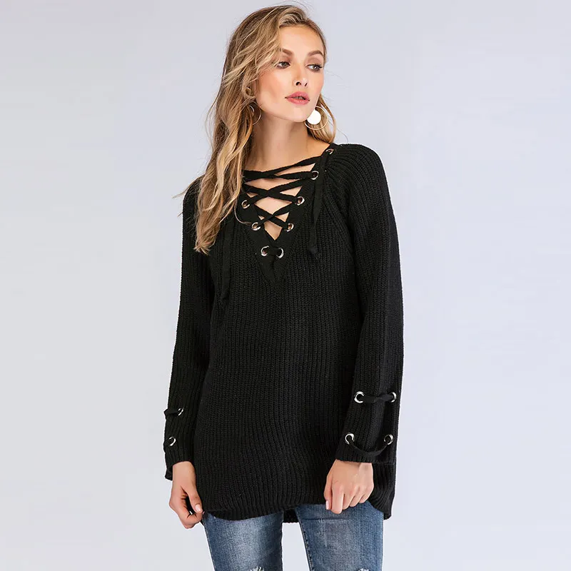 

2018 Winter Black Sweater Women Front Lace up Casual Pullovers Long sleeve Loose Knitted tops Spring Sweaters Female Clothes