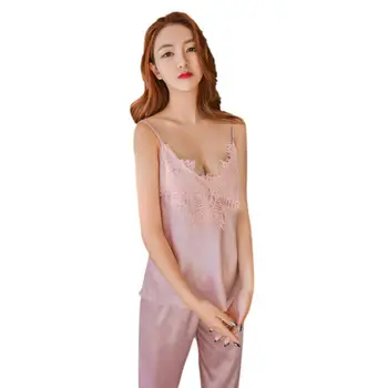 

Hot 2019 Women Clothes for Summer Pants Sets V-Neck Sleepwear Satin Pajama Women's Pajamas Spaghetti Strap Lace Sexy Pajama Set