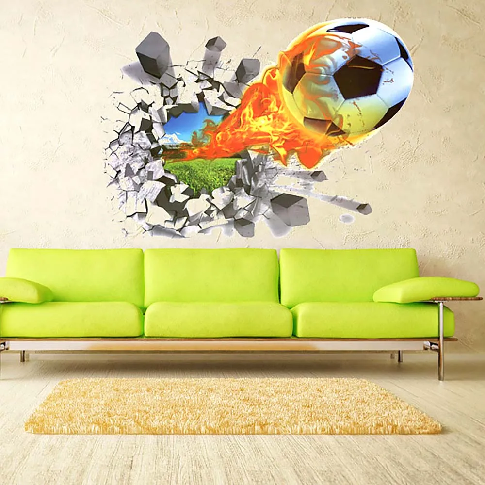 3D Soccer Football Breaking Through Wall Removable PVC Wall Sticker