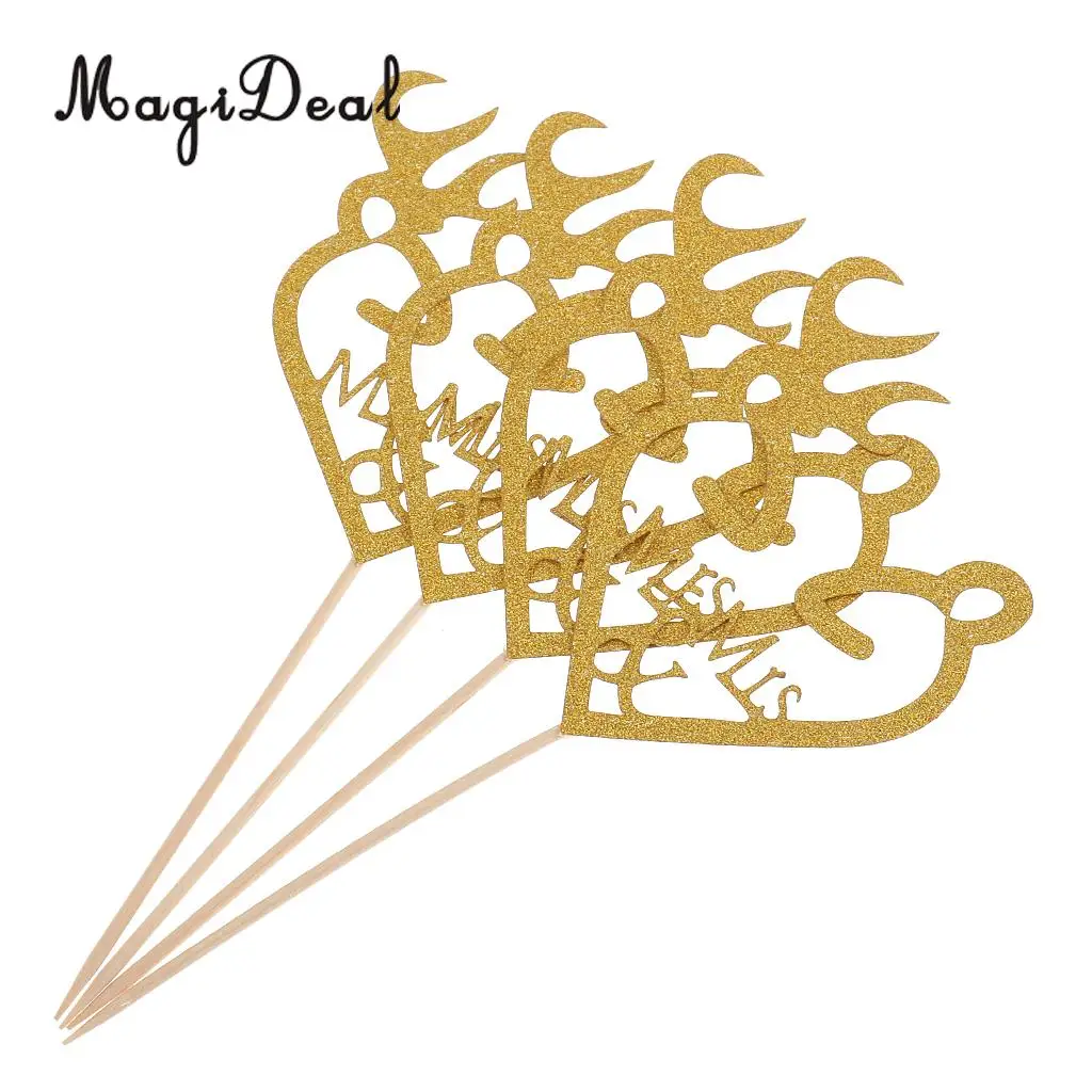 MagiDeal 4Pcs Glitter Antler Style Mr & Mrs Cake Topper Wedding Party Food Picks for Gender Reveal Party Baby Shower Gold/Silver