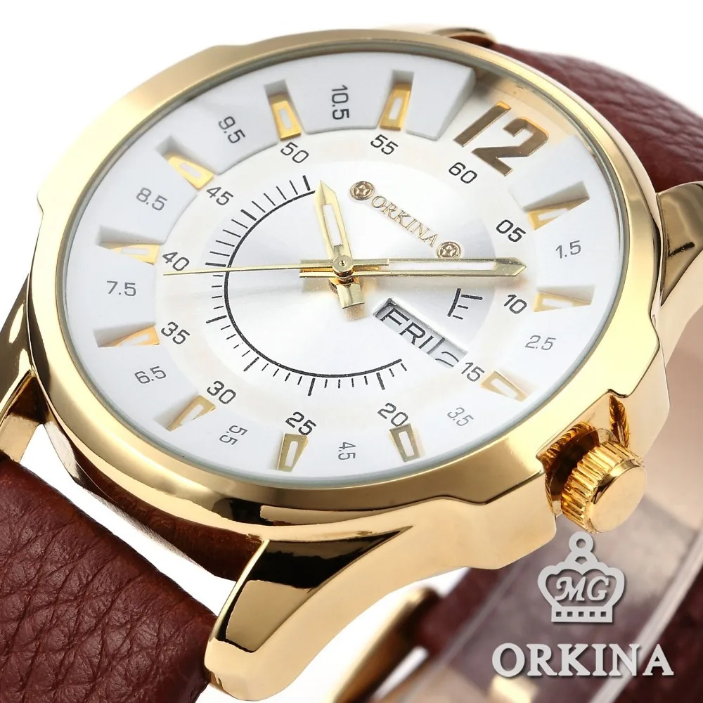 

Luxury White Dial Golden Case Relogio De Pulso Esportivos Masculinos Calendar Relojoaria Leather Strap Retro Men Quartz Watch