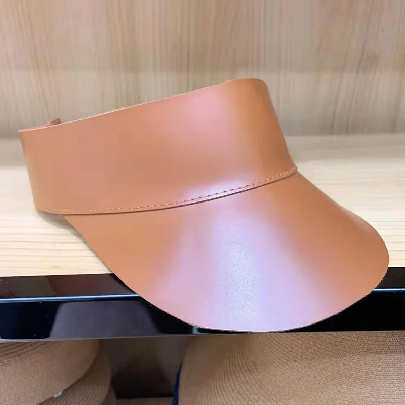 

2019 New Comfortable Leather Sun Visor Hat Women Wide Brim UV Protection Summer Beach Packable Visor gray black brown Adjust Cap